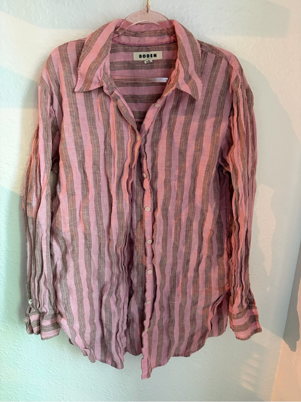 Boden Pink and Gray Striped Button-Down Shirt
